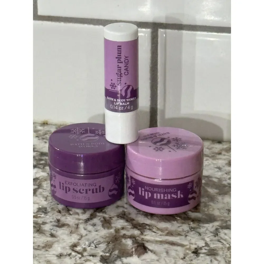 Bath & Body Works Sugar Plum Candy Nourishing Lip Mask Scrub Lip Balm 3 Piece - Picture 2 of 2